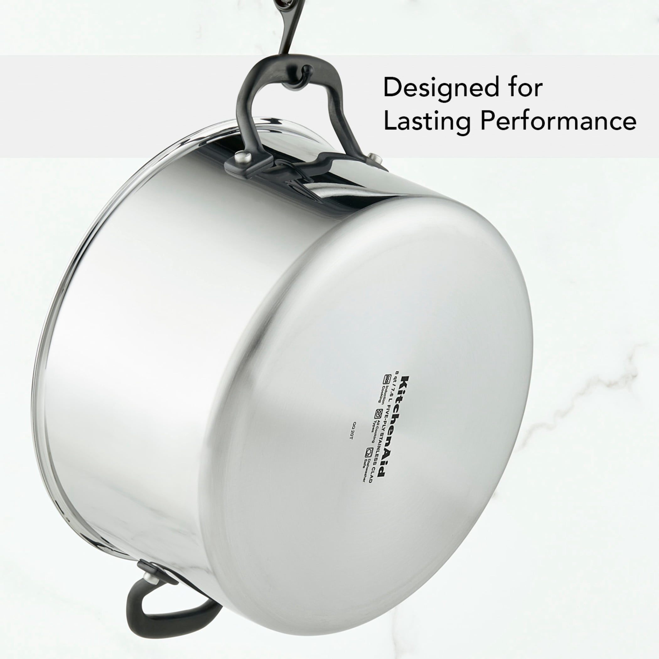 KitchenAid 5-Ply Clad 8 Quart Stainless Steel Stockpot with Lid, Induction Compatible, Dishwasher Safe, Metal Utensil, Broiler and Oven Safe to 500°F, Polished Stainless Steel