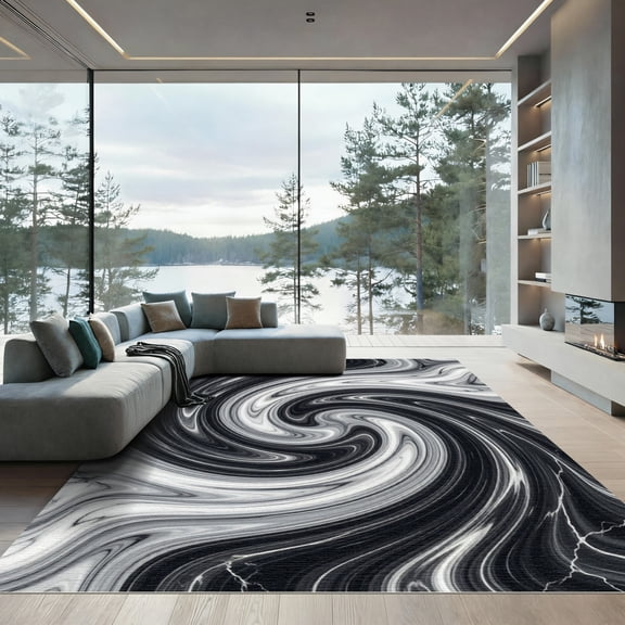 ODIKA 4'x6' Machine Washable Non-Slip Area Rug, Abstract Black High Traffic Rug, Black, 1127680