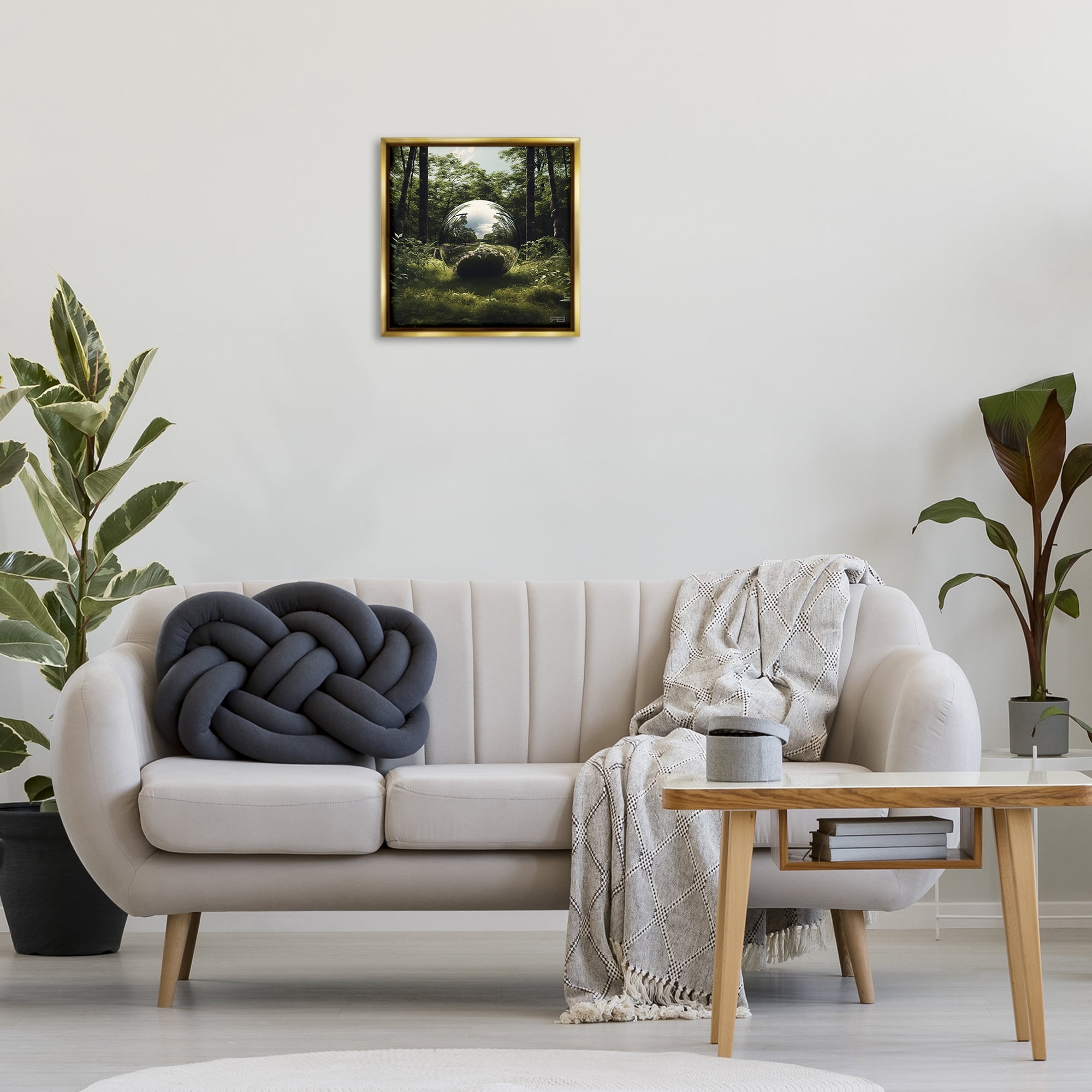 Stupell Industries Reflective Ball in Nature Landscape & Nature Painting Gold Floater Framed Canvas Art Print Wall Art, 18 x 18