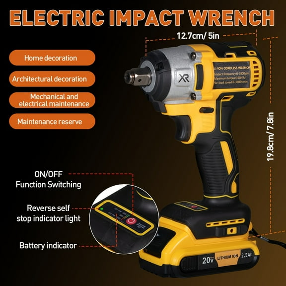 20V Cordless Impact Wrench - 350N.m (259Ft - lbs), 3300RPM - 2 Batteries, 12 Sockets, Auto - Reverse, 3 LED Lights