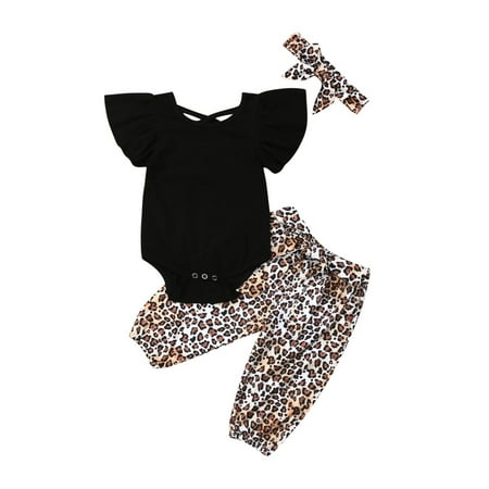 

jaweiw 3 Pcs Baby Girls Casual Clothes Set Solid Color Round Neck Short Falbala Flying Sleeve Romper Leopard Loose Trousers Bow Headband