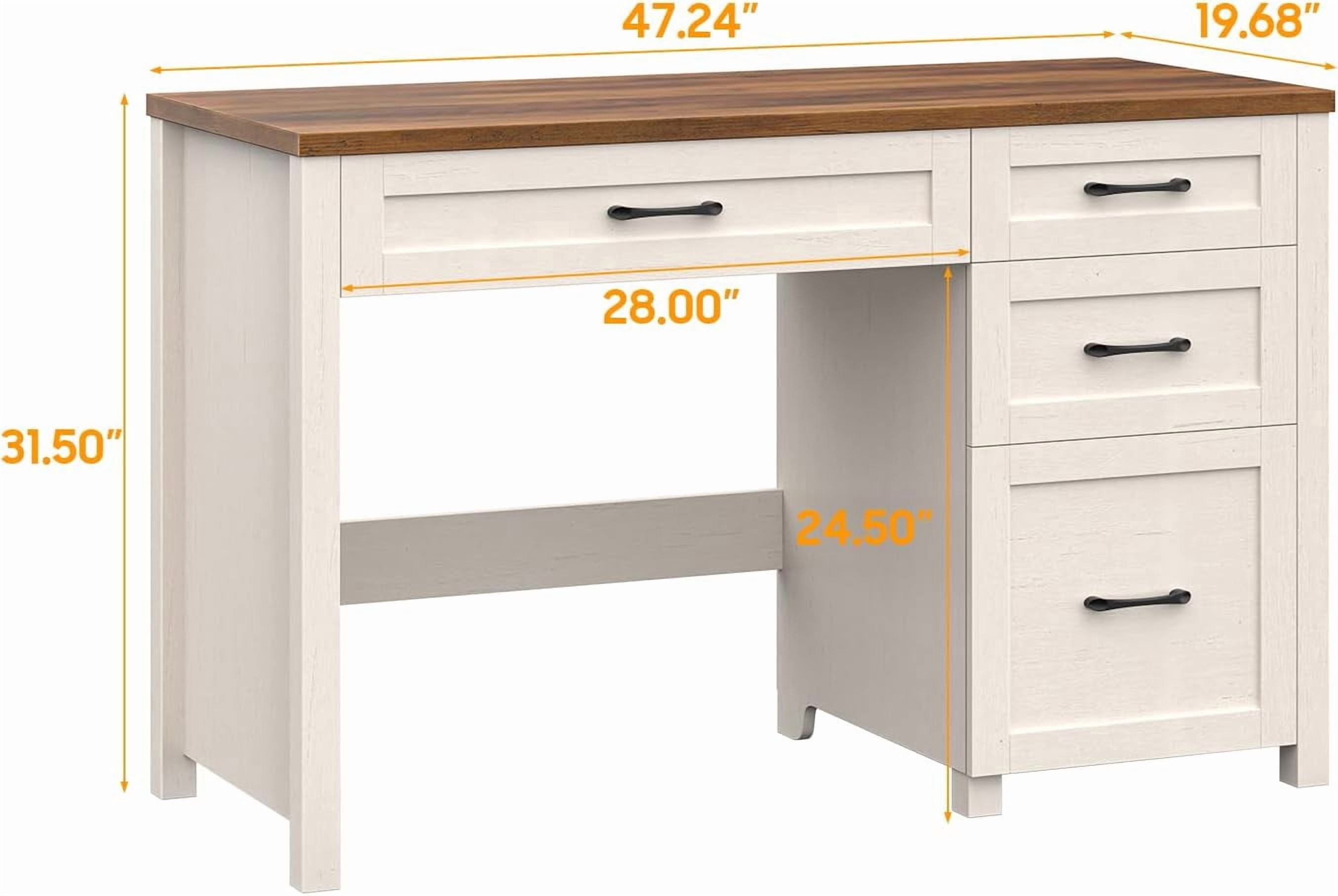 Farmhouse 47" Executive Desk with File Drawer, Wood Computer Desk with 3 Storage Drawers, Workstation for Home Office, Study, Writing(Unique White)