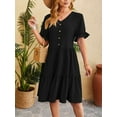 thumbnail image 5 of Deago Women's Short Sleeve Swiss Dot Ruffle Pleated Dress Casual Summer V Neck Half Button Loose Midi Dresses (Black, XL), 5 of 6