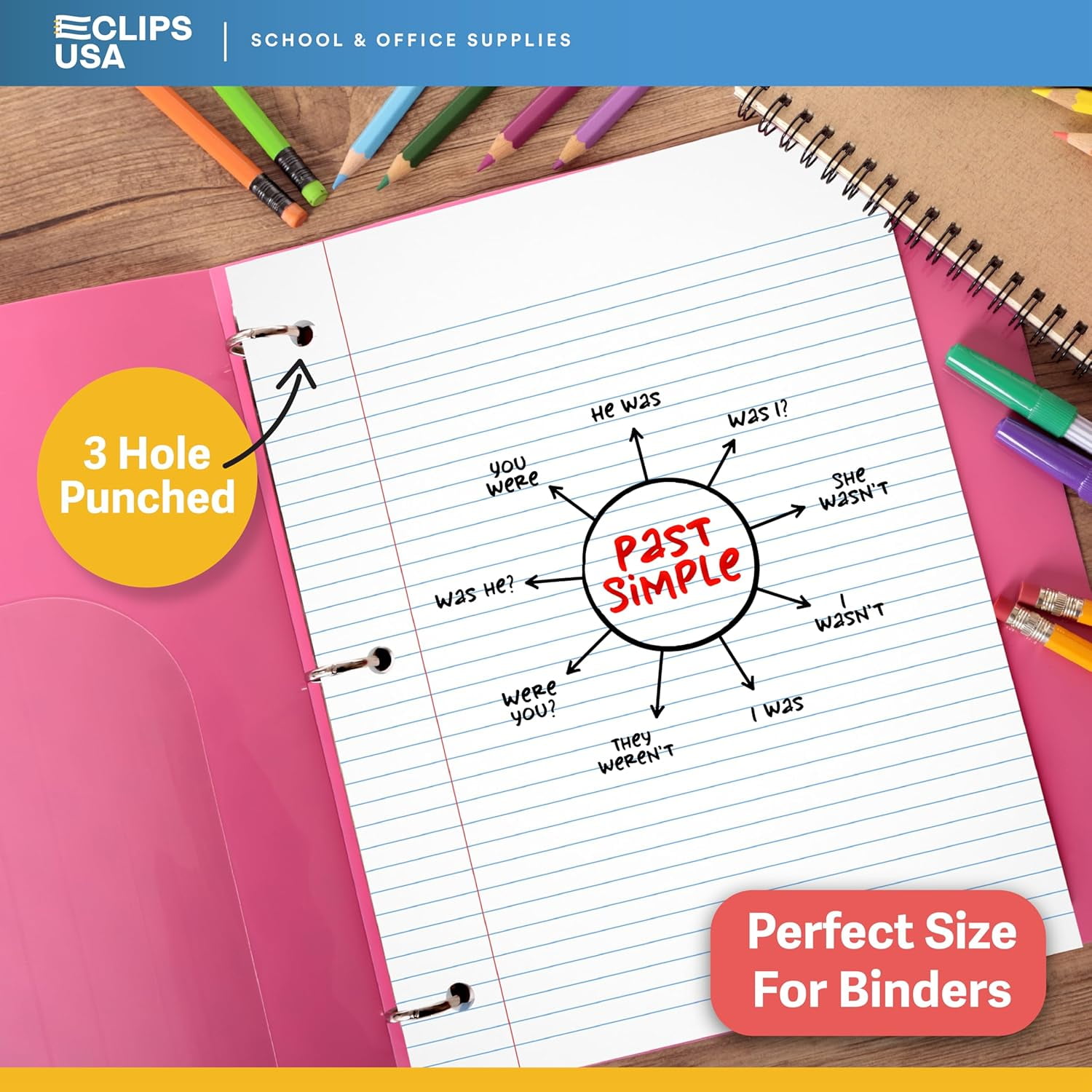 E-Clips USA 100-Sheet Notebook Paper, College-Ruled Loose Leaf Paper, 12-Pack