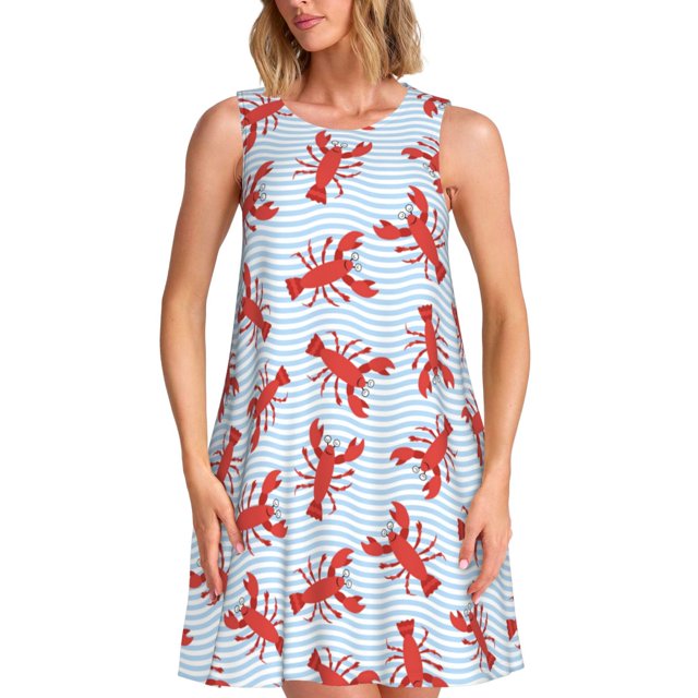 Fotbe Cartoon Lobsters 1 Vestido de Verano sin Mangas para Mujer – Vestido Midi Línea A, Estilo Camiseta Floral, Vestido Playero Casual y Fluido