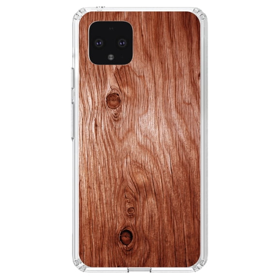 DistinctInk Clear Shockproof Hybrid Case for Google Pixel 4 (5.7" Screen) - TPU Bumper, Acrylic Back, Tempered Glass Screen Protector - Orange Weathered Wood Grain Print - Printed Wood Grain Image
