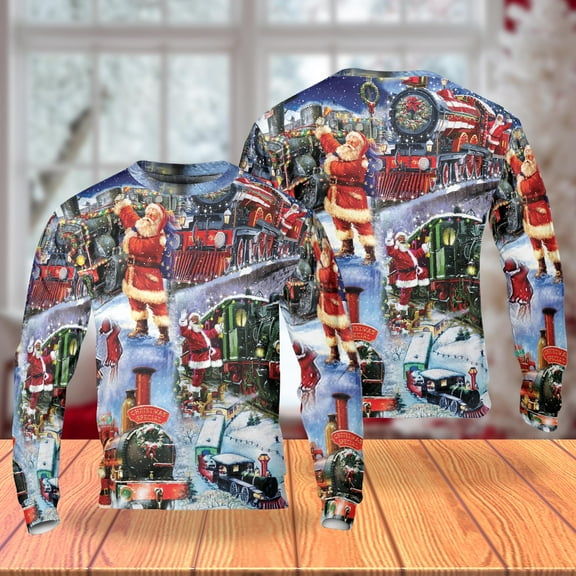Santa Christmas Train Sweatshirt, Vintage Holiday Railway Crewneck, Festive Winter Santa and Locomotive Pullover, Classic Christmas Sweater for Men Women