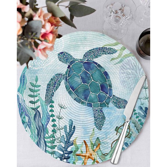 13 Inch Round Placemats Set of 6, Teal Green Sea Turtle Non Slip Heat Insulation PP Table Mats, Coastal Summer Beach Seaweed Washable Place Mats for Kitchen Dining Party Table Decor