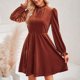 thumbnail image 3 of Vestido de manga con volantes para mujer color sólido cuello alto talle traje básico de vacaciones, 3 of 9