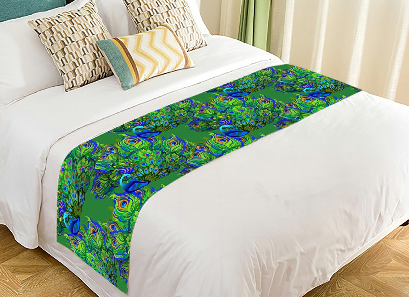 ABPHQTO Peacock Birds Fully Fanned Tail Green Bed Runner Bedding Scarf