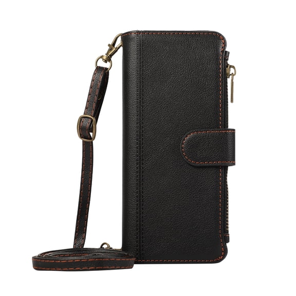 GJL Zipper Wallet Case for Samsung Galaxy Z Fold 7, PU Leather TPU Shockproof Phone Cover Protective Folio with Shoulder Strap and Wristlet, Black