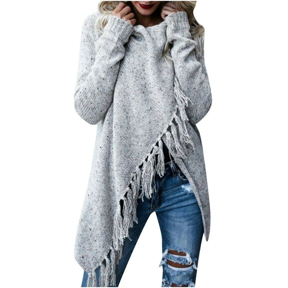 jtjvou Women's Tassel Hem Sweater Long Cardigan Knitwer Pullover Poncho Coat Gray XXL