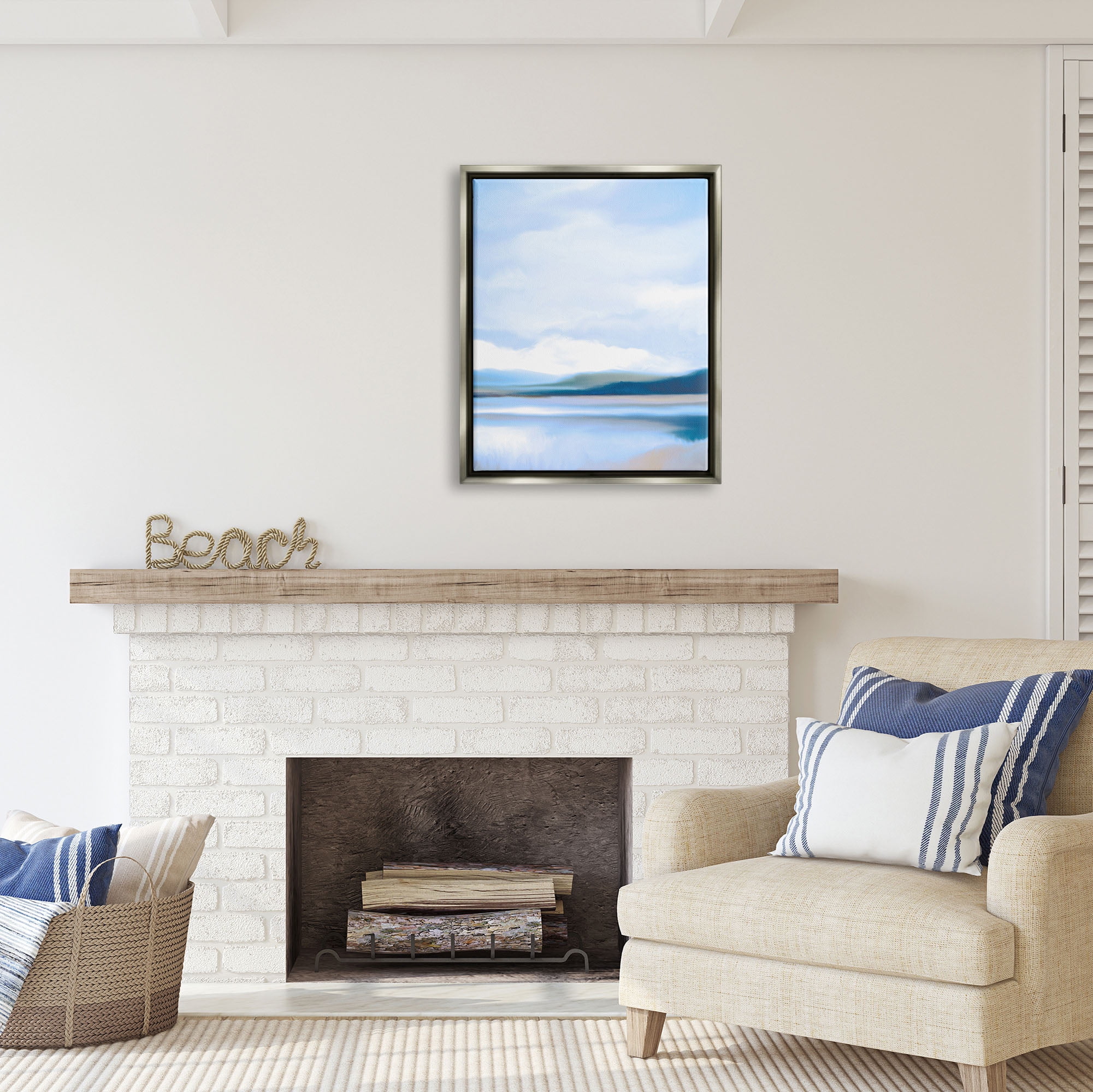 Stupell Industries Blue Beach Shore Nature Painting Gray Floater Framed Art Print Wall Art, 25 x 31
