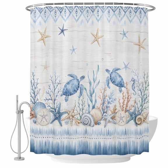 Summer Blue Ocean Shower Curtain for Bathroom, Vintage Nautical Sea Turtles Starfish Coral Shell Waterproof Cloth Fabric Bathroom Accessories Set with 12 Rust Proof Plastic Hooks, 72"x84"