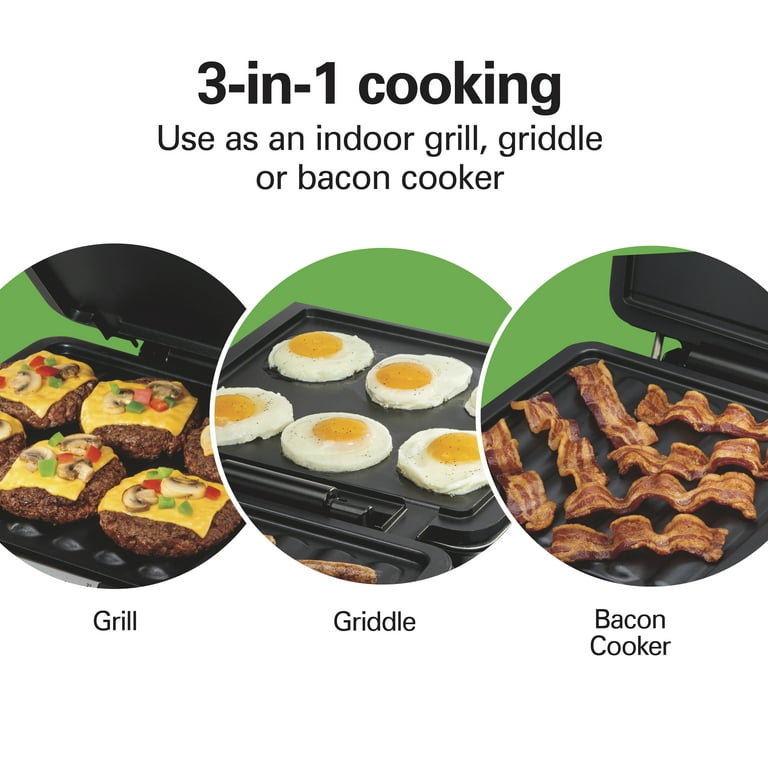 Hamilton Beach 3-in-1 Indoor Grill and Electric Griddle Combo and Bacon  Cooker, Opens 180 Degrees to Double Cooking Space, Removable Nonstick  Grids, (25600) 