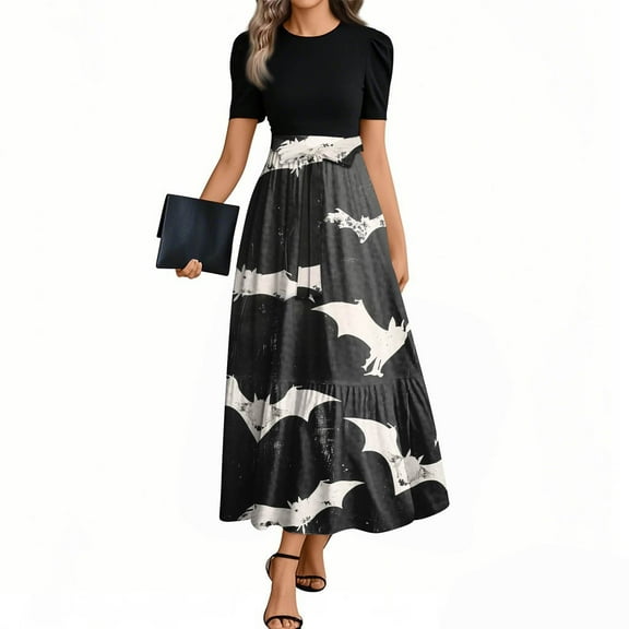 WTOBBY Women's Elegant Halloween Print Dress Short Sleeve Round Neck Casual Belted Style with Vintage Theme and Comfortable Fit,Black L