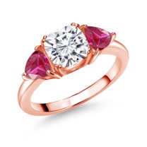 Gem Stone King 18K Rose Gold Plated Silver White Moissanite and Red Created Ruby 3 Stone Engagement Ring for Women (2.56 Cttw, Gemstone Birthstone, Available in Size 5, 6, 7, 8, 9)