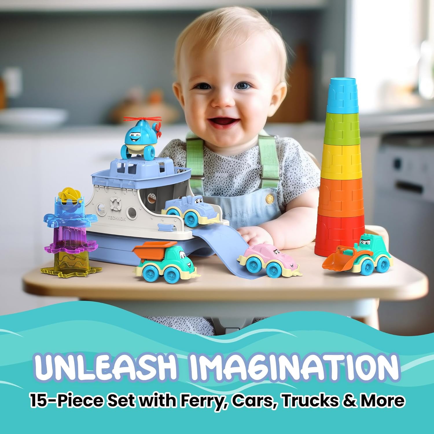 UTOYZ Ferry Fun and Friends Bath Toy Play Set for Toddlers 12 Months and up, 15 Piece