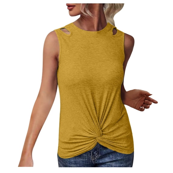 Timegard Tank Tops for Women Crewneck Sleeveless Front Knot Cutout Top Summer Dressy Casual Slim Tee