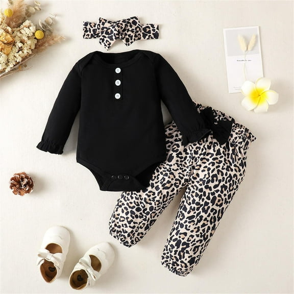 UQJfacai Infant Baby Girl Clothes Newborn Long Sleeve Ruffle Romper Bow Leopard Print Pants Headband Set Fall Winter Outfits 0-24 Months