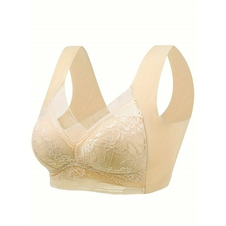 Yyeselk Women s Seamless Lace Bra Push Up Wireless Bra Comfort Full Coverage Wide Strap T-Shirt Bra No Underwire Bra Daily Bra for Older Women Beige L