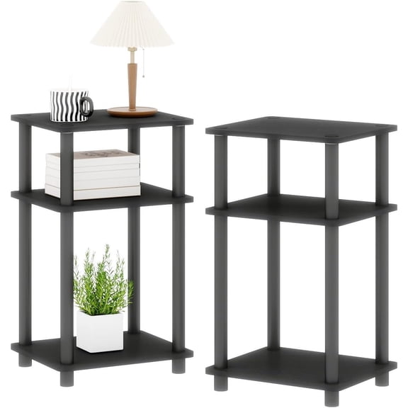3-Tier Black End Tables Set of 2, Engineered Wood Small Side Tables with Storage Shelves, Small Nightstands for Bedroom, Living Room, Bathroom, Black