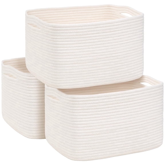 Natubeau 3 Pack Woven Storage Basket for Shelve, Cotton Rope Storage Bins for Toys Books, Nursery Towel Baskets, Shelf Baskets for Organizing, White