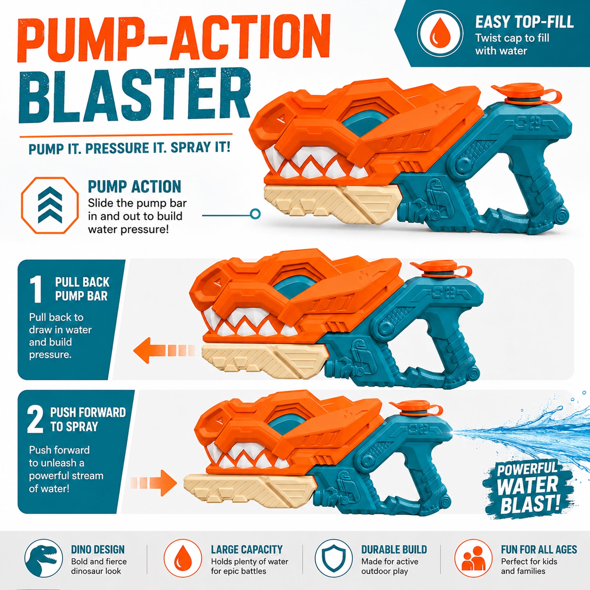 Kids Pump Action Water Blaster Toy 2-Pack, 1 Dino Style and 1 Rhino Style, Outdoor Squirt Toys for Pool, Beach, Backyard Summer Play, Ages 3+