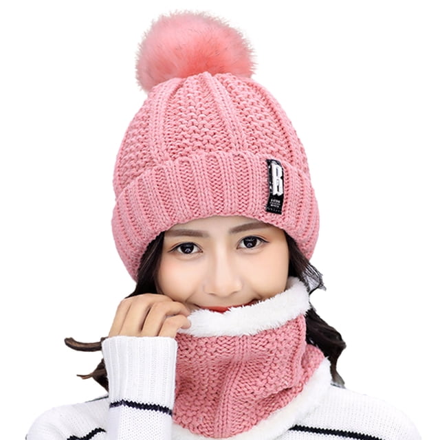 GDREDA Unisex Winter Knit Warm Hats and Scarf Set - Purpose Ear and Windproof Design for Cold Weather Pink,One Size