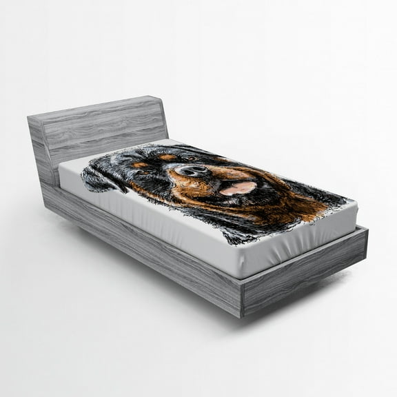 Rottweiler Fitted Sheet, Hand Drawn Image of Dog Type Realistic and Furry, Soft Decorative Fabric Bedding All-Round Elastic Pocket, Twin Size, Brown Grey, by Ambesonne