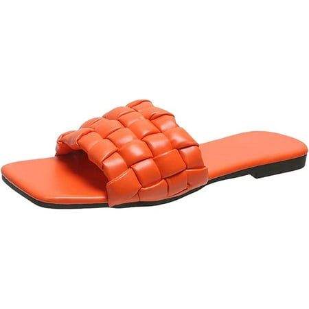 

CoCopeaunts Womens Braided Sandals Fashion Low Heels Square Open Toe Slides Sandals Slip On Flat Sandals Block Chunky Woven Slide Sandals