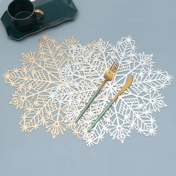 6 piezas de tapete para comida con copos de nieve, tapetes para comida ahuecados con estampado dorado y plateado de PVC, tapetes para comida con aislamiento térmico transfronterizo al por mayor (oro +