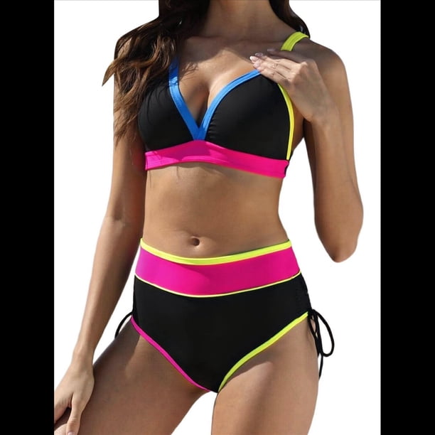 Bikini Push Up con Cuello Halter para Mujer, Sujetador Acolchado, Top y Braguitas, Conjuntos de Bikini de Talla Grande, Traje de Baño para Vacaciones. Negro S
