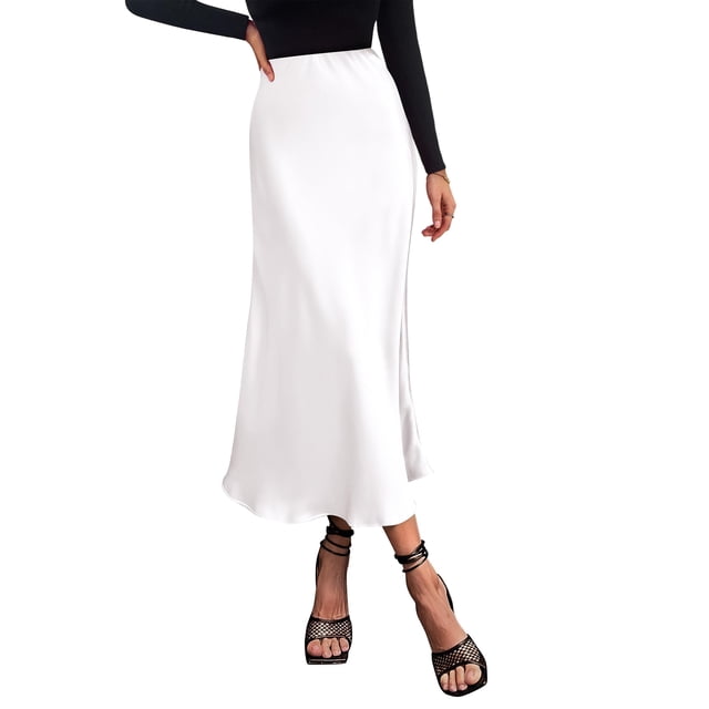 Falda PRETTYGARDEN de satén línea A midi blanca talle alto M