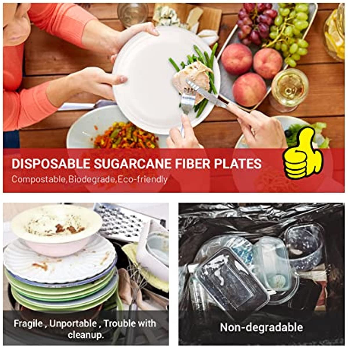 6 inch Compostable Dessert Plates, Heavyduty Sugarcane/Bagasse and Bamboo Fibre Biodegradable Disposable Paper Plate