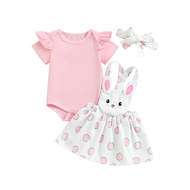 xiaxaixu Ensemble de Vêtements de Pâques pour Bébé Filles Couleur Unie Manches Courtes Col Rond Barboteuse Rabbit Bretelles Jupes Salopettes Bandeau Ensemble 3 Pcs