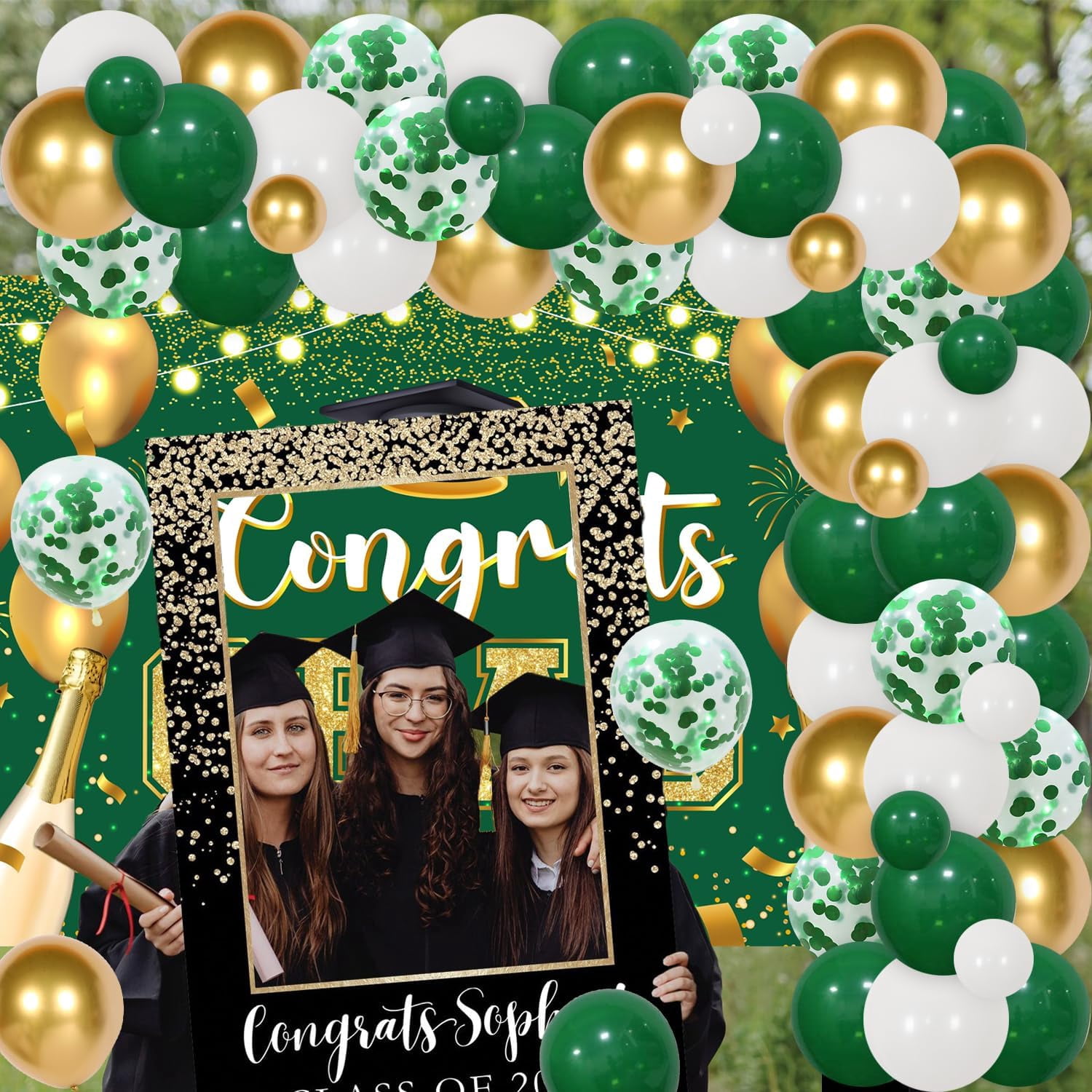 66Pcs Congrats Grad Decorations 2024, Green Gold Graduation Decor with Congrats Grad Backdrop Green Gold Silver Balloon Garland Arch Kit for Class of 2024 Grad Prom Graduation Supplies