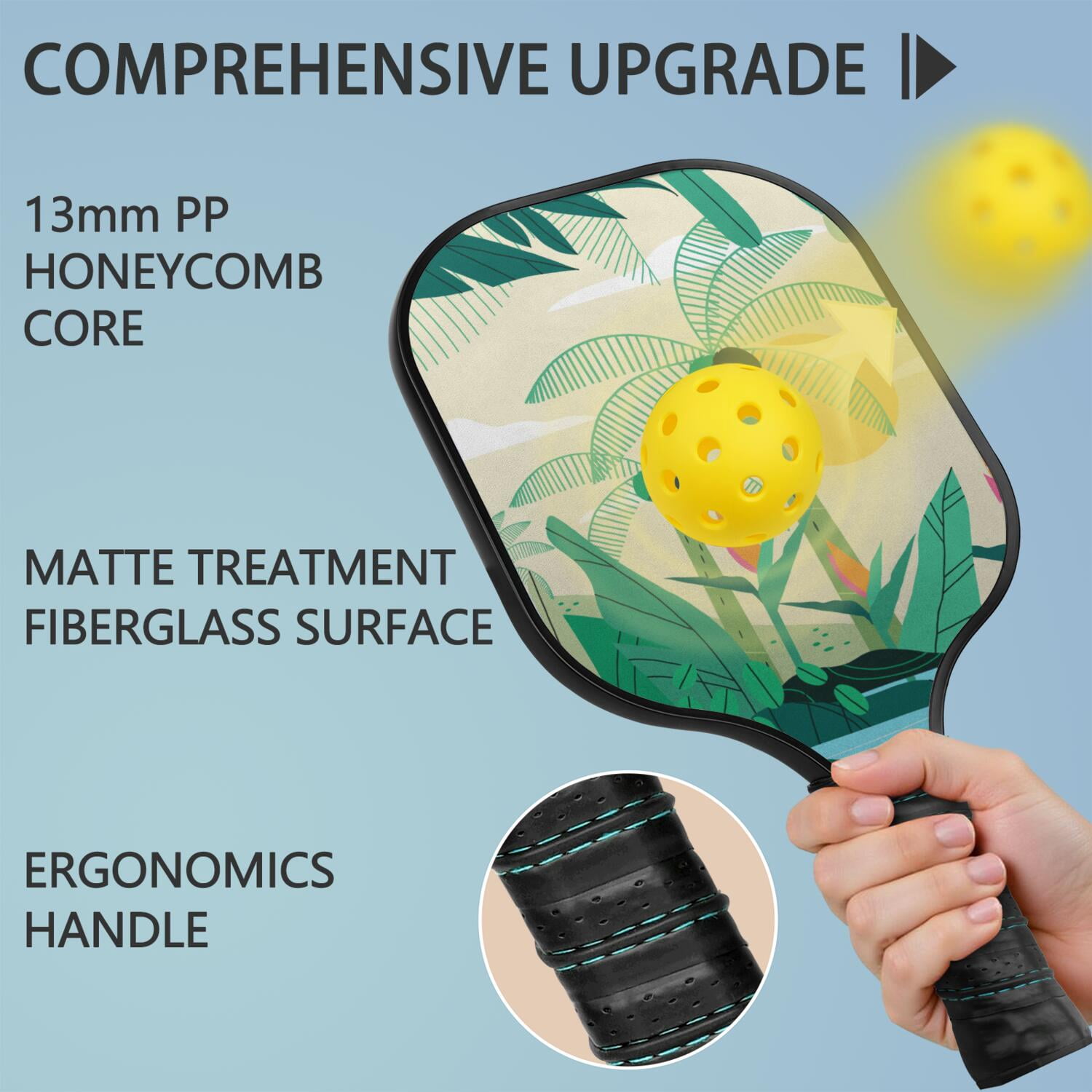 Pickleball Paddles Set Of 1, Fiberglass Surface, Tropical Leaf Print, 1 Paddle, 2 Balls & Bag
