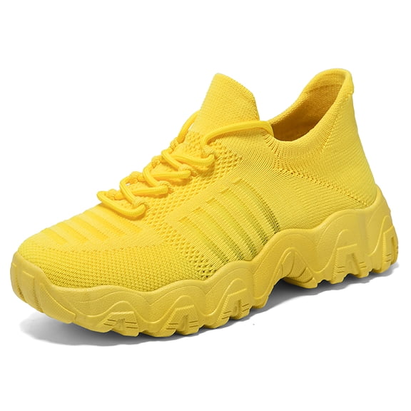 Men's Bright Orange Knit Mesh Lace Up Sock Sneakers, Wavy Thick Anti Slip Sole Breathable Lightweight Athletic Walking Shoes