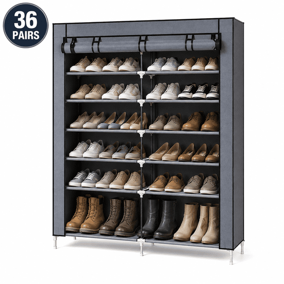 7‑Tier 14‑Shelf Shoe Rack with Zippered Cover, Holds 36 Pairs, Space‑Saving Shoe Storage for Closet & Entryway, Gray