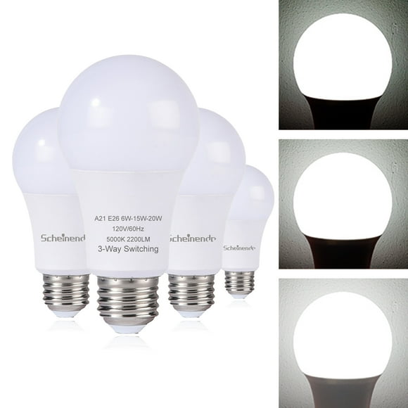 3-Way Light Bulbs, 50 100 150 Watt Equivalent, A21 Led Bulb Daylight 5000K, Perfect for Reading, E26 Medium Base, 500-1600-2200 Lumen, 4 Pack