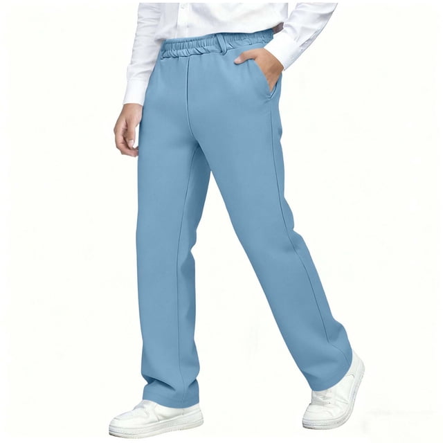 Pantalones largos para niños, de color liso, con cintura elástica, de talla media, rectos, informales y cómodos, de poliéster.