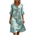 thumbnail image 2 of Dolkfu V-Neck Women Clothing Refreshing Blue Short Sleeve Mid-Length Dresses Relaxed Fit Floral Printed Classic Shift Dresses Blue,Xl, 2 of 5