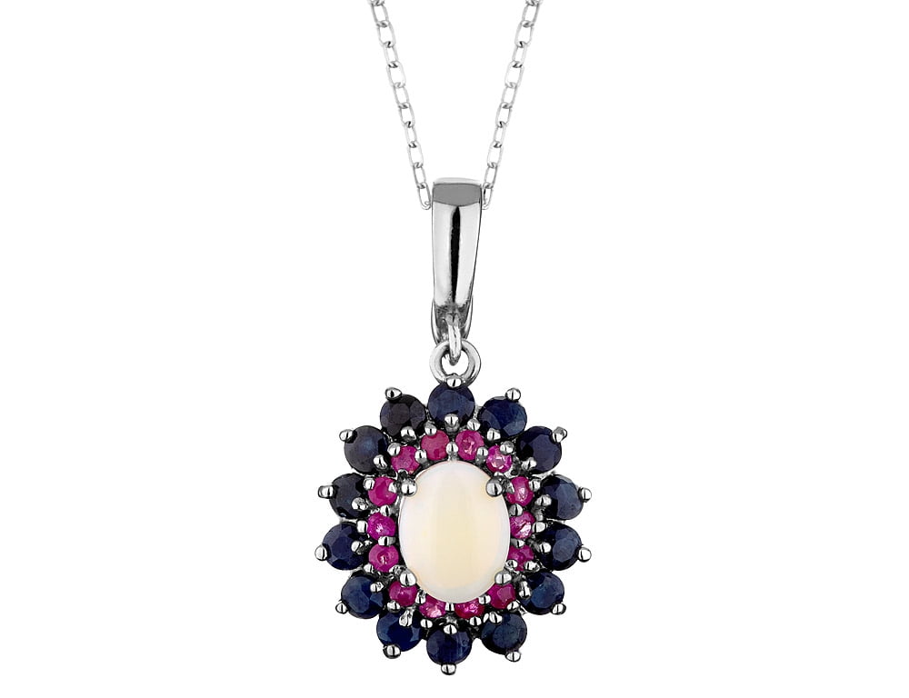 Blue Sapphire, Ruby and Opal Pendant Necklace 3.80 Carats (ctw) in Sterling Silver with Chain by Gem And Harmony