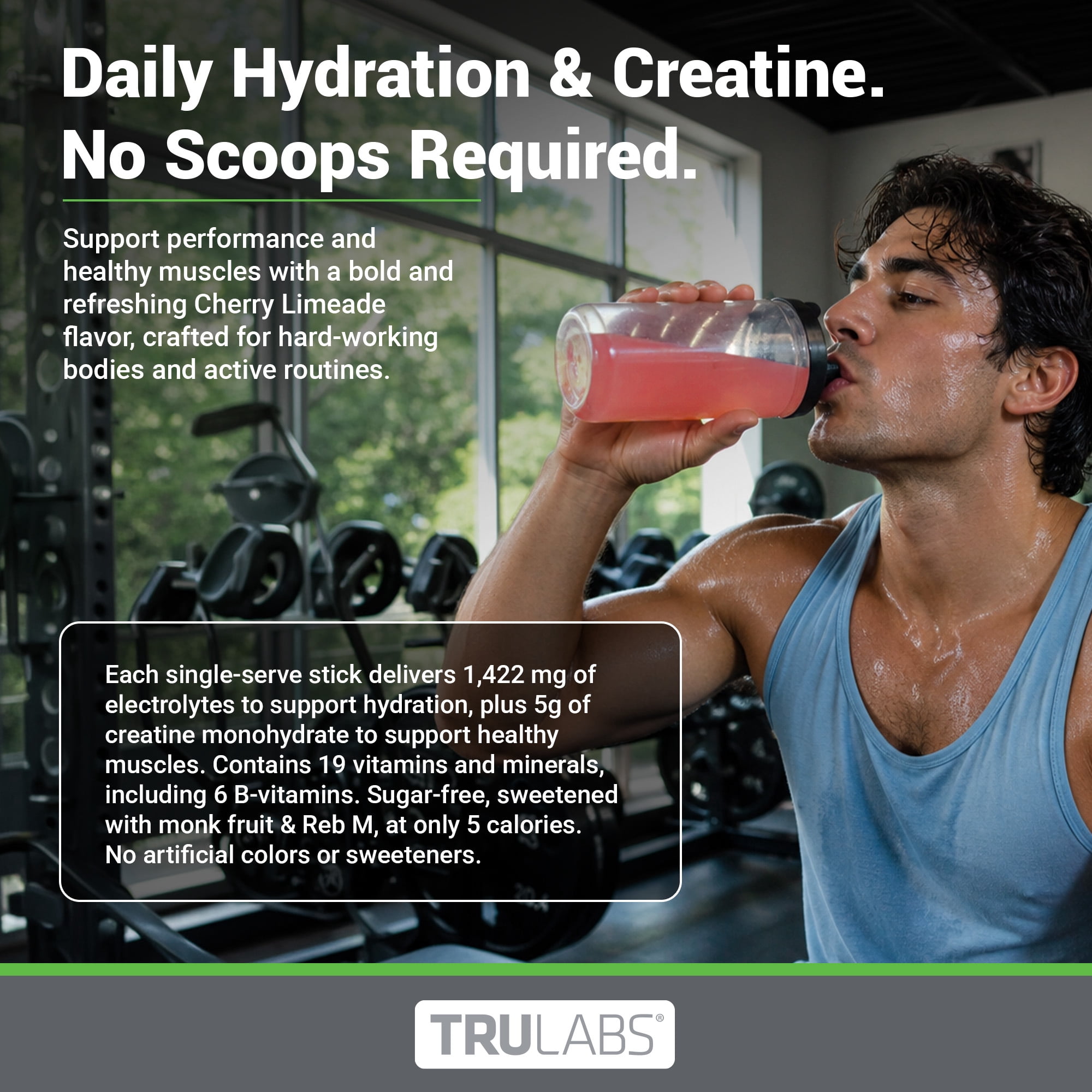 TruLabs Hydrate + Creatine Powders Cherry Limeade, Electrolyte & Creatine Drink Mix, 16 Stick Packets