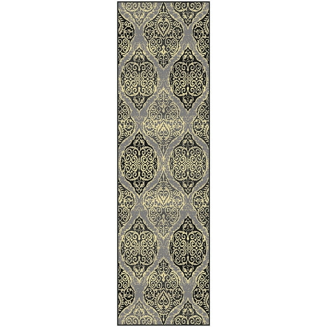 Traditional Ultra-Soft Damask Medallion Polyproplyene Indoor Hallway Runner Rug by Blue Nile Mills - 2' 7" x 8', Gray