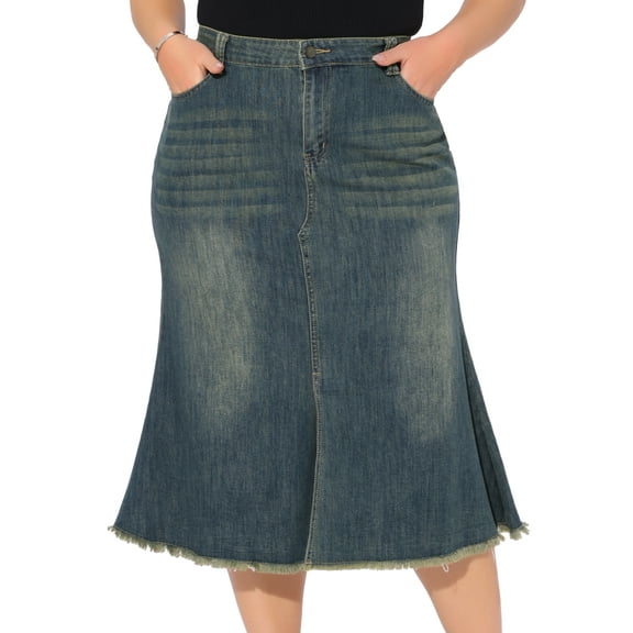 DARING DIVA Women's Plus Denim Fishtail Midi Jean Skirt with Pockets 1X Grey Blue