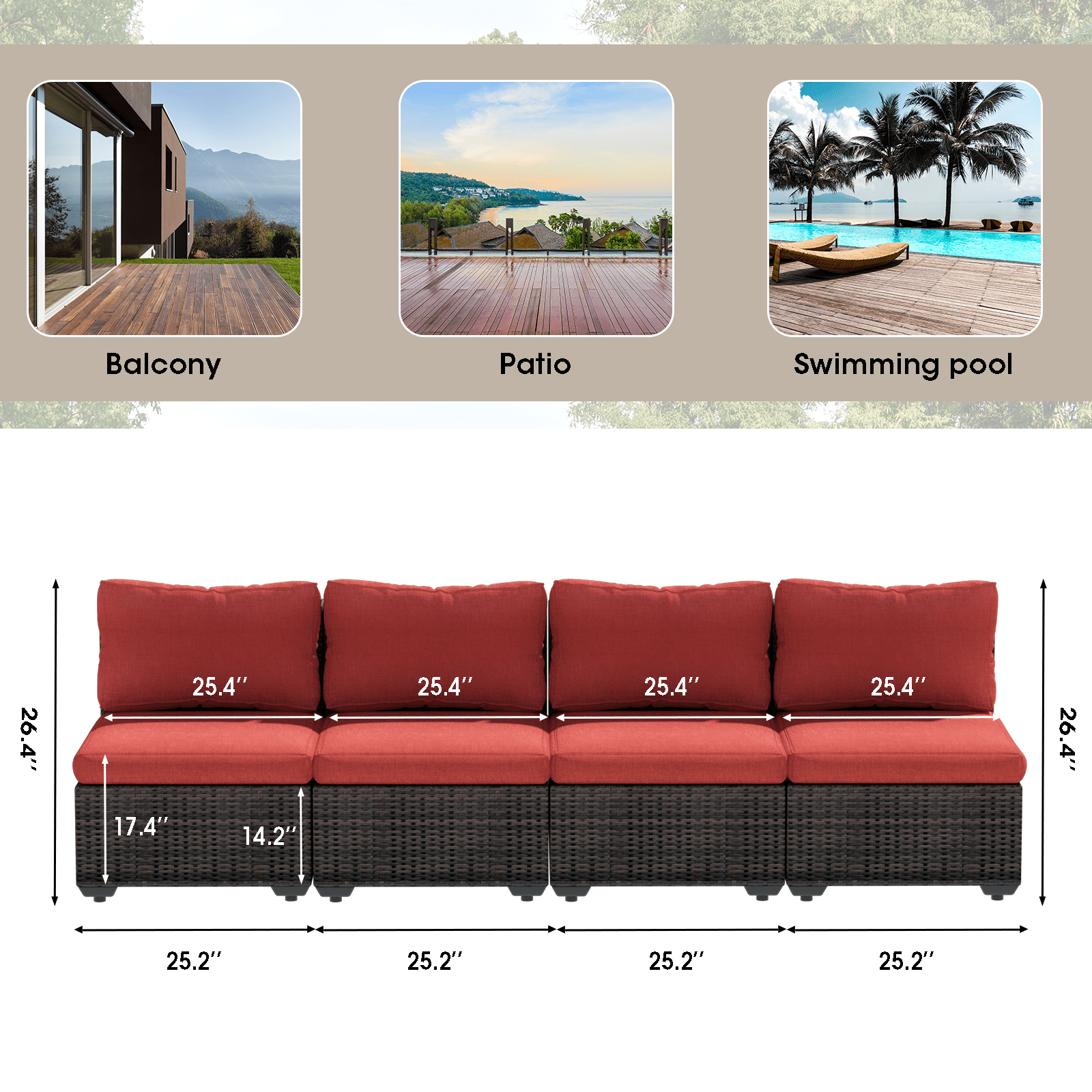 Grezone 4 Pieces Patio Furniture Set, All Weather Outdoor Sectional PE Rattan, Patio Conversation Sets with Cushions and Glass Coffee Table for Garden Lawn Balcony Porch Deck, Red
