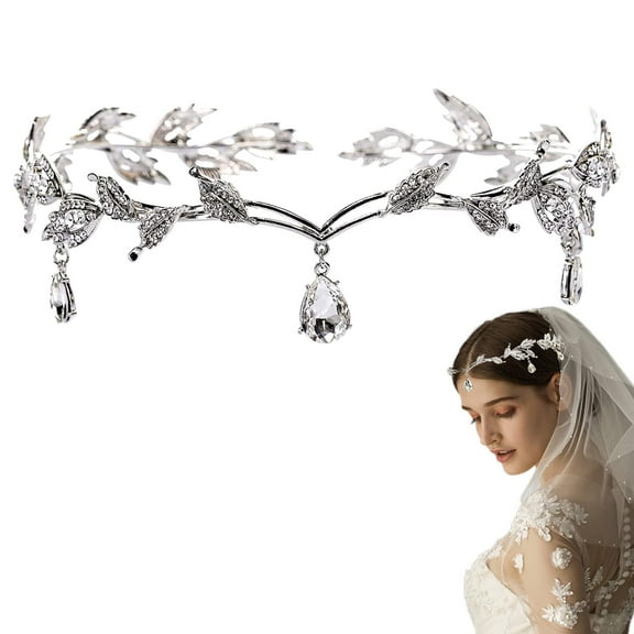 Elegant Rhinestone Leaf Wedding Bridal Bridesmaid Forehead Band Dangle Rhinestone Bridal Tiara Crown with Gift Box , Silver