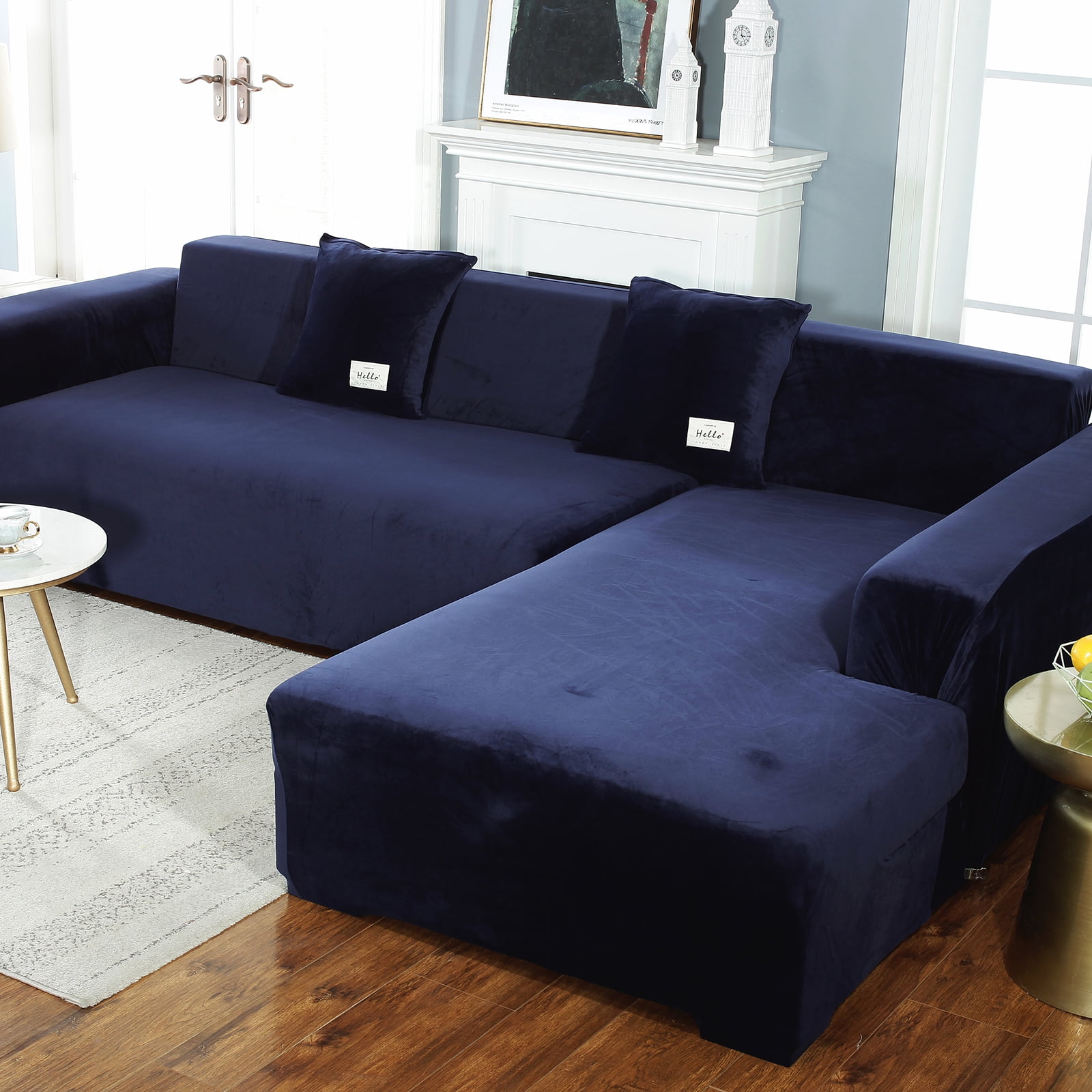 CJC Sectional Couch Covers, Velvet Stretch L Shape Sofa Covers, 2pcs Sofa Slipcovers for 3 + 4 Seaters Sectional Chaise Slipcover for Pets Kids, Navy Blue